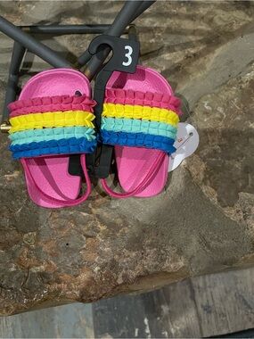 wonder nation Pink Slide Sandals with Rainbow Ruffle Straps